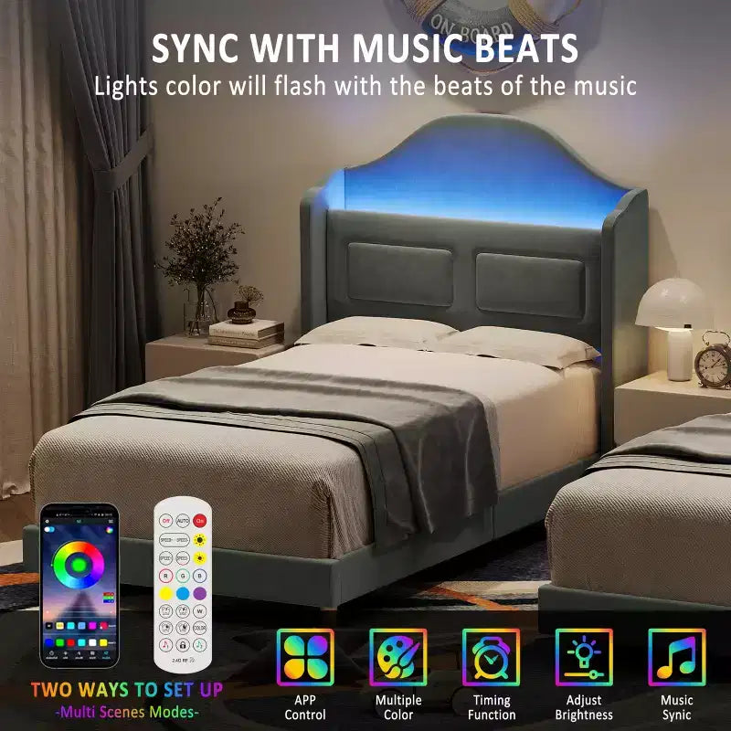 Twin Bed Frame with Storage Headboard and LED Lights, Upholstered Velvet Platform Bed for Kids, No Box Spring Needed, Sturdy Metal & Wood Frame