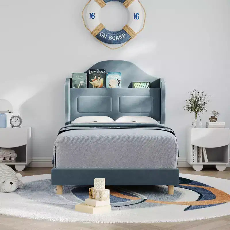 Twin Bed Frame with Storage Headboard and LED Lights, Upholstered Velvet Platform Bed for Kids, No Box Spring Needed, Sturdy Metal & Wood Frame