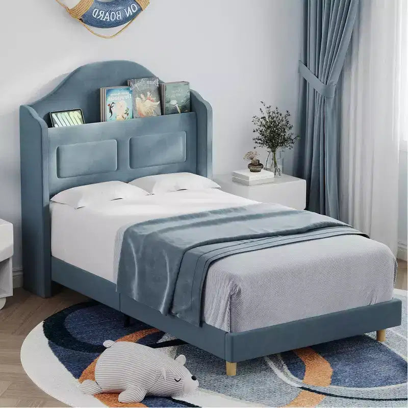 Twin Bed Frame with Storage Headboard and LED Lights, Upholstered Velvet Platform Bed for Kids, No Box Spring Needed, Sturdy Metal & Wood Frame