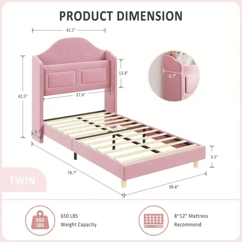 Twin Bed Frame with Storage Headboard and LED Lights, Upholstered Velvet Platform Bed for Kids, No Box Spring Needed, Sturdy Metal & Wood Frame