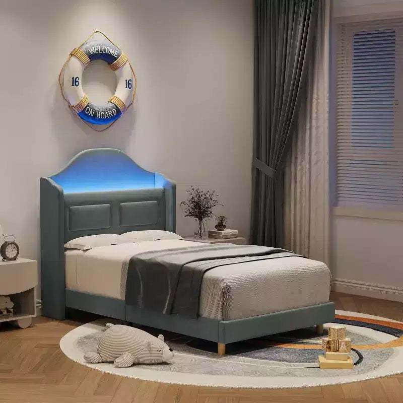 Twin Bed Frame with Storage Headboard and LED Lights, Upholstered Velvet Platform Bed for Kids, No Box Spring Needed, Sturdy Metal & Wood Frame