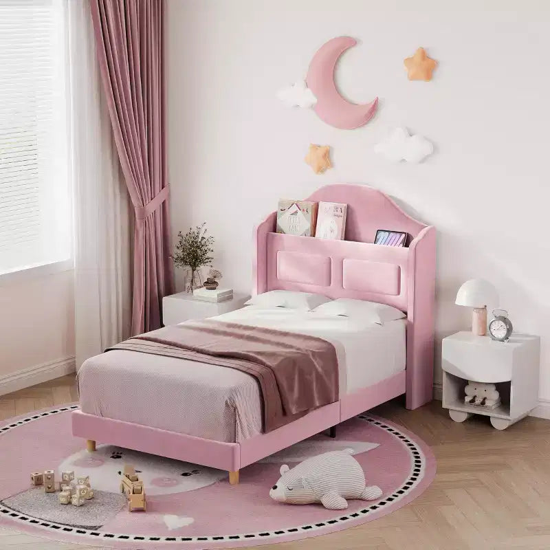Twin Bed Frame with Storage Headboard and LED Lights, Upholstered Velvet Platform Bed for Kids, No Box Spring Needed, Sturdy Metal & Wood Frame