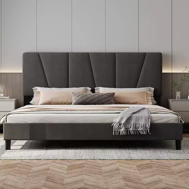 King Size Bed Frame with Adjustable Headboard, Upholstered King Platform Bedframe with Strong Wooden Slats, Mattress Foundation