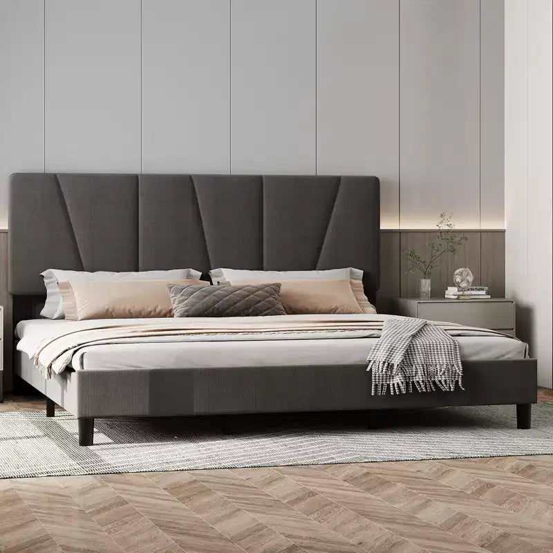 King Size Bed Frame with Adjustable Headboard, Upholstered King Platform Bedframe with Strong Wooden Slats, Mattress Foundation