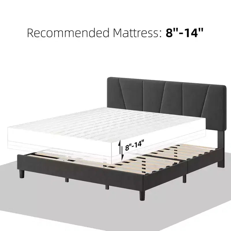 King Size Bed Frame with Adjustable Headboard, Upholstered King Platform Bedframe with Strong Wooden Slats, Mattress Foundation