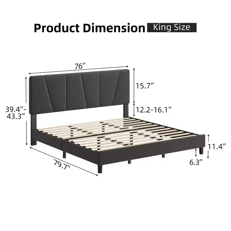 King Size Bed Frame with Adjustable Headboard, Upholstered King Platform Bedframe with Strong Wooden Slats, Mattress Foundation