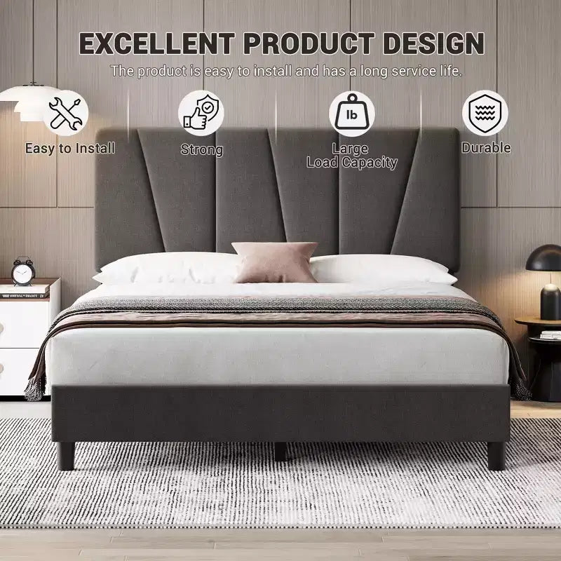 King Size Bed Frame with Adjustable Headboard, Upholstered King Platform Bedframe with Strong Wooden Slats, Mattress Foundation