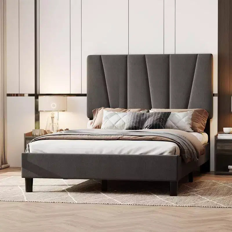King Size Bed Frame with Adjustable Headboard, Upholstered King Platform Bedframe with Strong Wooden Slats, Mattress Foundation