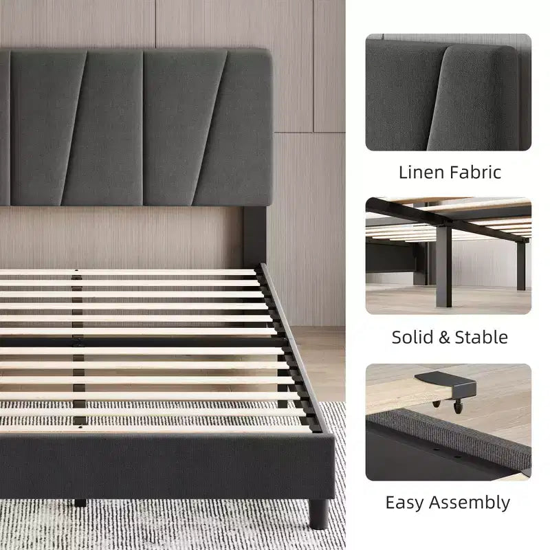 King Size Bed Frame with Adjustable Headboard, Upholstered King Platform Bedframe with Strong Wooden Slats, Mattress Foundation