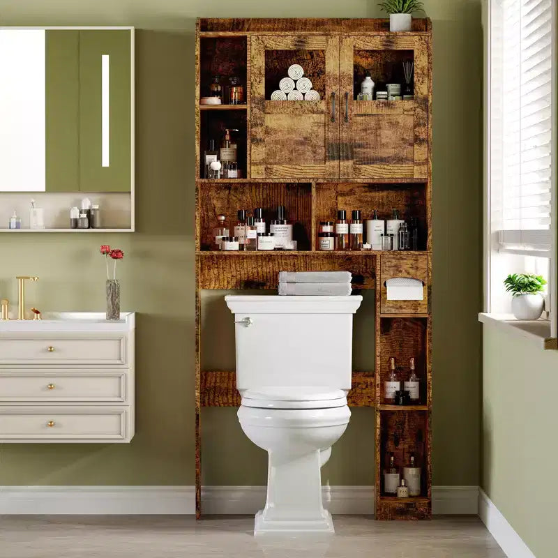 Over The Toilet Storage Cabinet - 67.4 H Farmhouse Bathroom Organizers and Storage with Adjustable Shelf and Glass Door for Bathroom, Laundry
