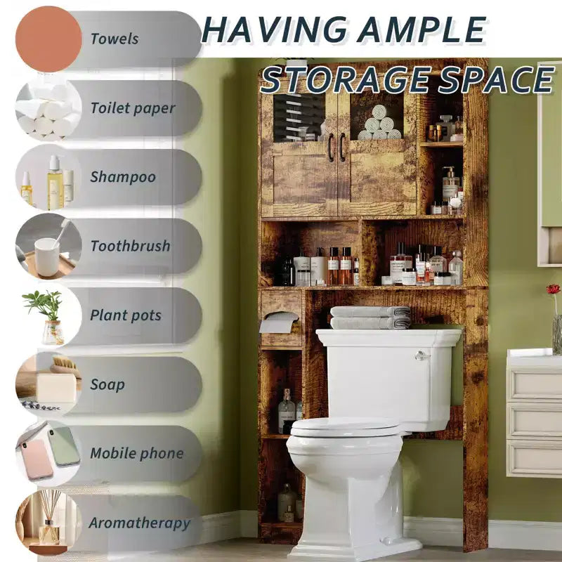 Over The Toilet Storage Cabinet - 67.4 H Farmhouse Bathroom Organizers and Storage with Adjustable Shelf and Glass Door for Bathroom, Laundry