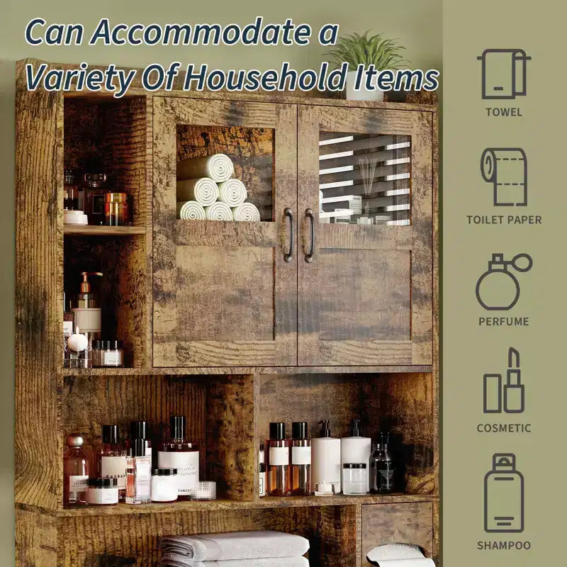 Over The Toilet Storage Cabinet - 67.4 H Farmhouse Bathroom Organizers and Storage with Adjustable Shelf and Glass Door for Bathroom, Laundry