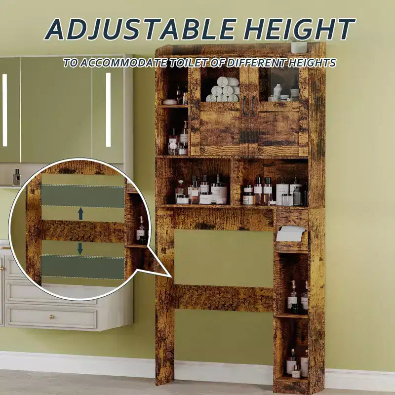 Over The Toilet Storage Cabinet - 67.4 H Farmhouse Bathroom Organizers and Storage with Adjustable Shelf and Glass Door for Bathroom, Laundry