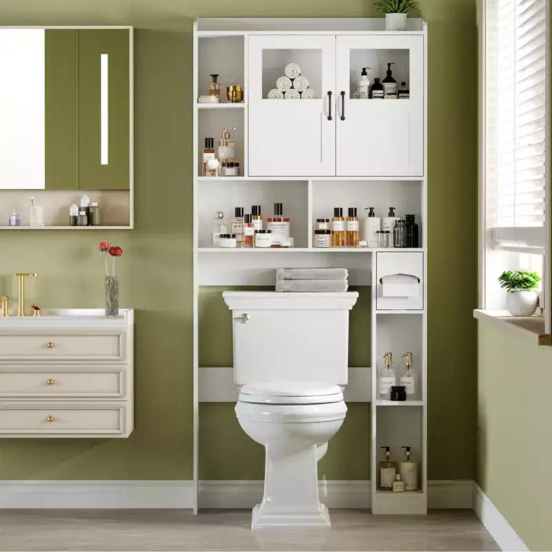 Over The Toilet Storage Cabinet - 67.4 H Farmhouse Bathroom Organizers and Storage with Adjustable Shelf and Glass Door for Bathroom, Laundry