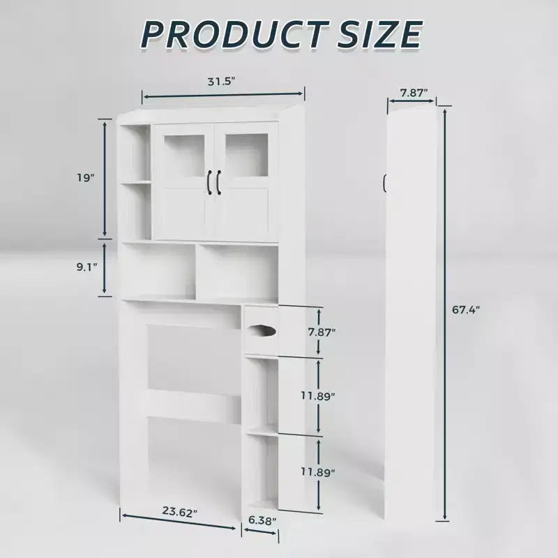 Over The Toilet Storage Cabinet - 67.4 H Farmhouse Bathroom Organizers and Storage with Adjustable Shelf and Glass Door for Bathroom, Laundry