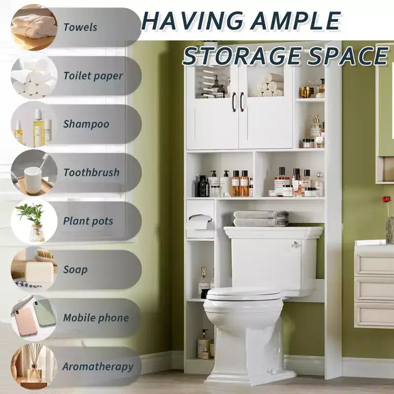 Over The Toilet Storage Cabinet - 67.4 H Farmhouse Bathroom Organizers and Storage with Adjustable Shelf and Glass Door for Bathroom, Laundry