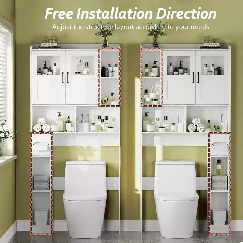 Over The Toilet Storage Cabinet - 67.4 H Farmhouse Bathroom Organizers and Storage with Adjustable Shelf and Glass Door for Bathroom, Laundry
