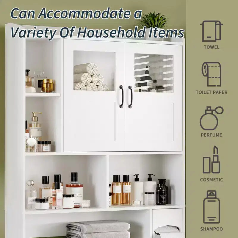 Over The Toilet Storage Cabinet - 67.4 H Farmhouse Bathroom Organizers and Storage with Adjustable Shelf and Glass Door for Bathroom, Laundry