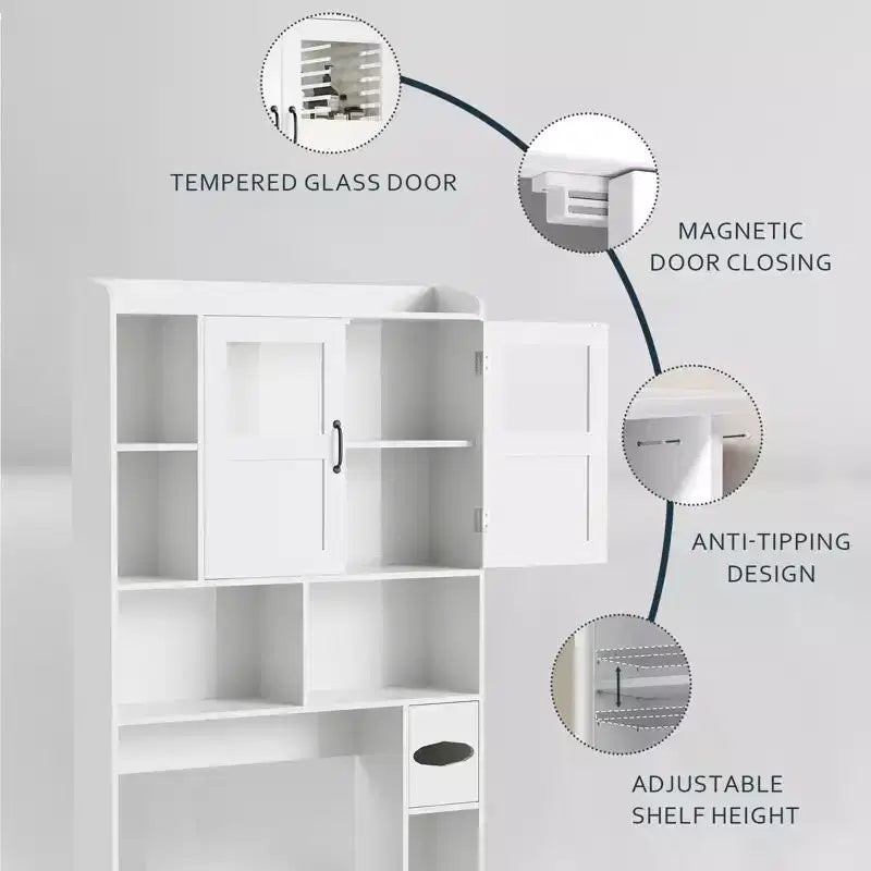Over The Toilet Storage Cabinet - 67.4 H Farmhouse Bathroom Organizers and Storage with Adjustable Shelf and Glass Door for Bathroom, Laundry