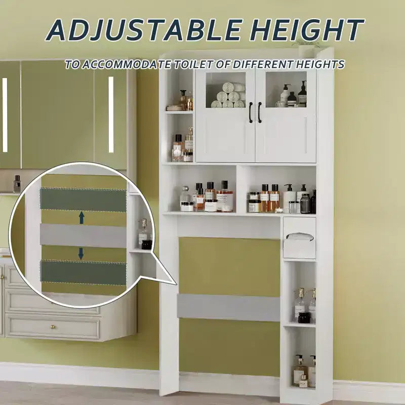 Over The Toilet Storage Cabinet - 67.4 H Farmhouse Bathroom Organizers and Storage with Adjustable Shelf and Glass Door for Bathroom, Laundry
