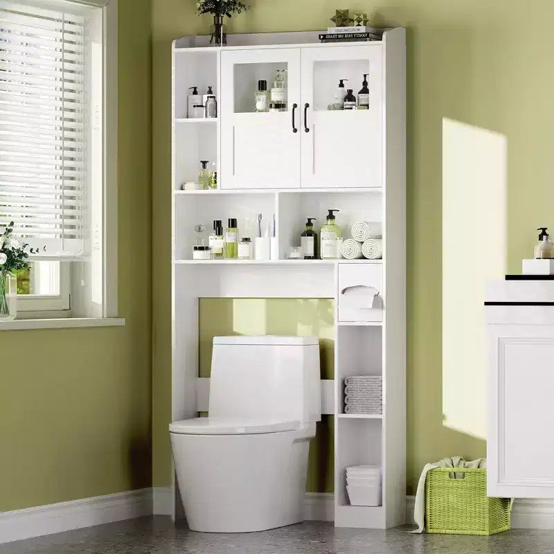Over The Toilet Storage Cabinet - 67.4 H Farmhouse Bathroom Organizers and Storage with Adjustable Shelf and Glass Door for Bathroom, Laundry