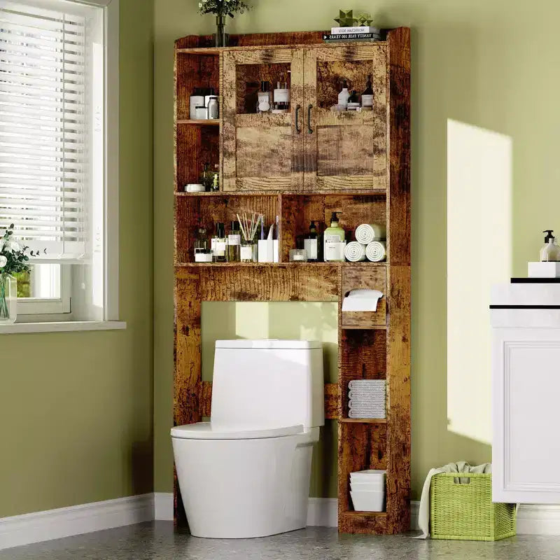 Over The Toilet Storage Cabinet - 67.4 H Farmhouse Bathroom Organizers and Storage with Adjustable Shelf and Glass Door for Bathroom, Laundry