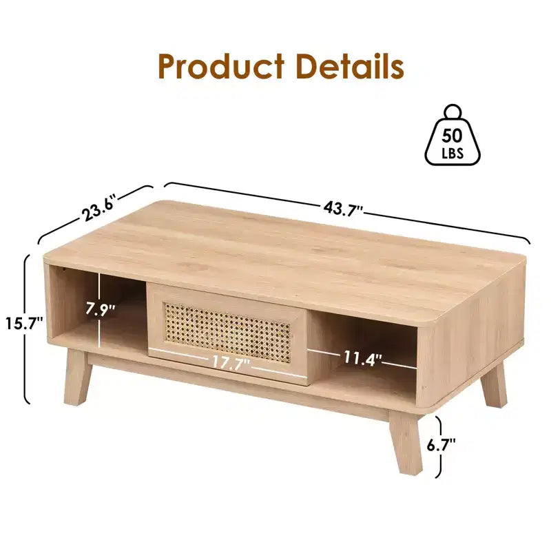 Mid Century 2-Tier Wooden Coffee Table with Storage Rattan Drawer & Open Shelf,Farmhouse Tea Table Center Table for Living Room,Bedroom