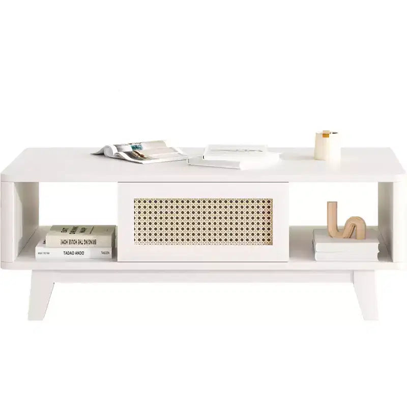 Mid Century 2-Tier Wooden Coffee Table with Storage Rattan Drawer & Open Shelf,Farmhouse Tea Table Center Table for Living Room,Bedroom
