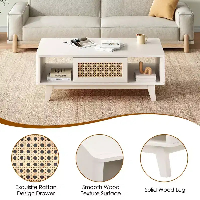 Mid Century 2-Tier Wooden Coffee Table with Storage Rattan Drawer & Open Shelf,Farmhouse Tea Table Center Table for Living Room,Bedroom