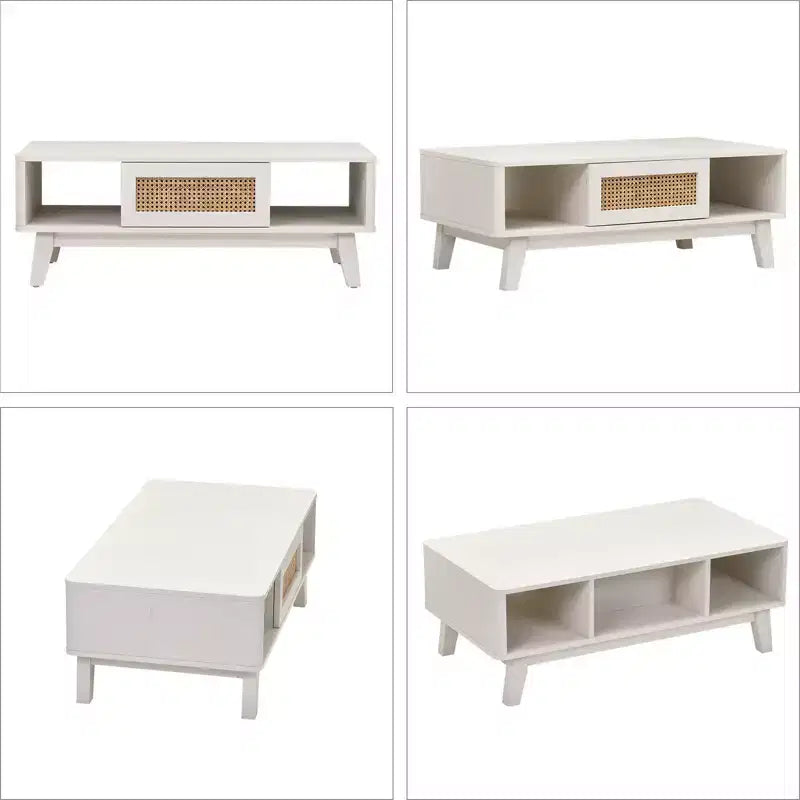Mid Century 2-Tier Wooden Coffee Table with Storage Rattan Drawer & Open Shelf,Farmhouse Tea Table Center Table for Living Room,Bedroom