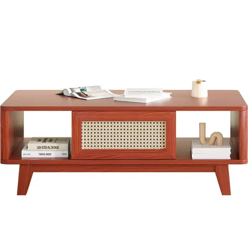 Mid Century 2-Tier Wooden Coffee Table with Storage Rattan Drawer & Open Shelf,Farmhouse Tea Table Center Table for Living Room,Bedroom