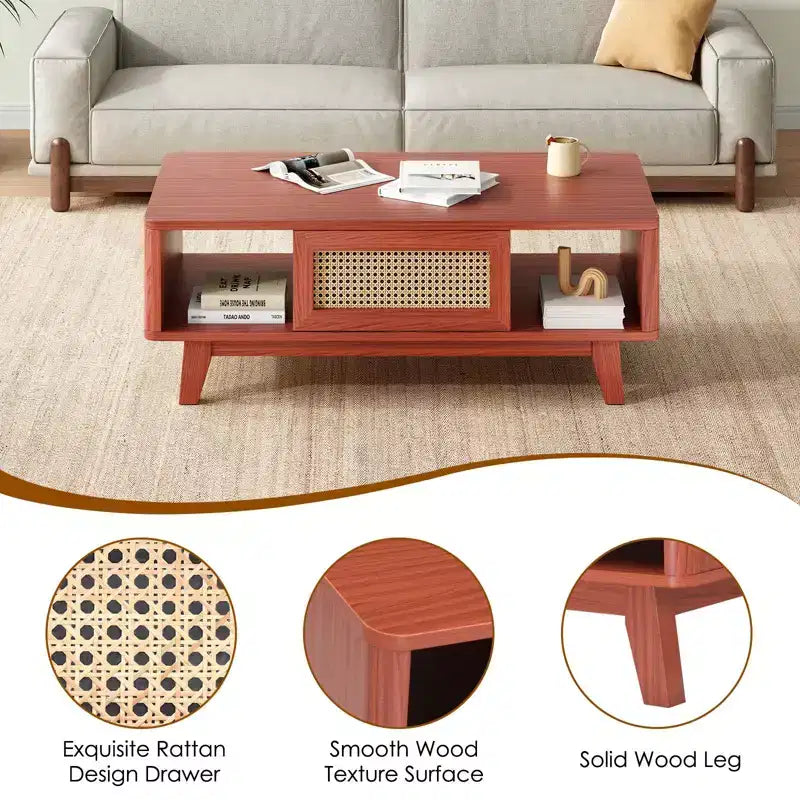 Mid Century 2-Tier Wooden Coffee Table with Storage Rattan Drawer & Open Shelf,Farmhouse Tea Table Center Table for Living Room,Bedroom