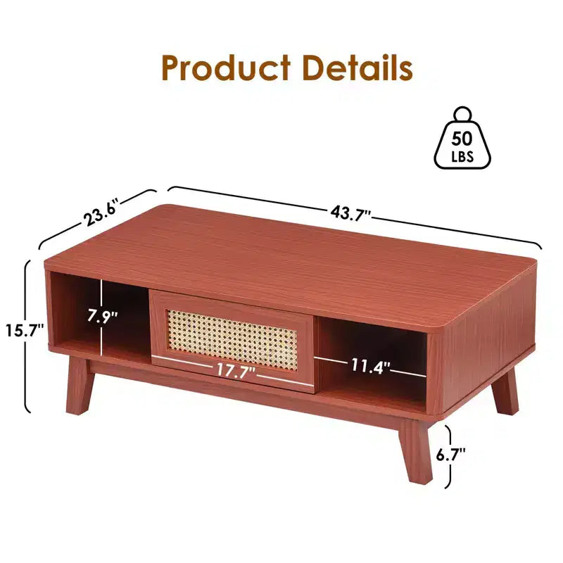 Mid Century 2-Tier Wooden Coffee Table with Storage Rattan Drawer & Open Shelf,Farmhouse Tea Table Center Table for Living Room,Bedroom