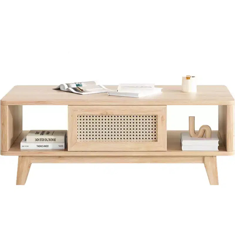 Mid Century 2-Tier Wooden Coffee Table with Storage Rattan Drawer & Open Shelf,Farmhouse Tea Table Center Table for Living Room,Bedroom