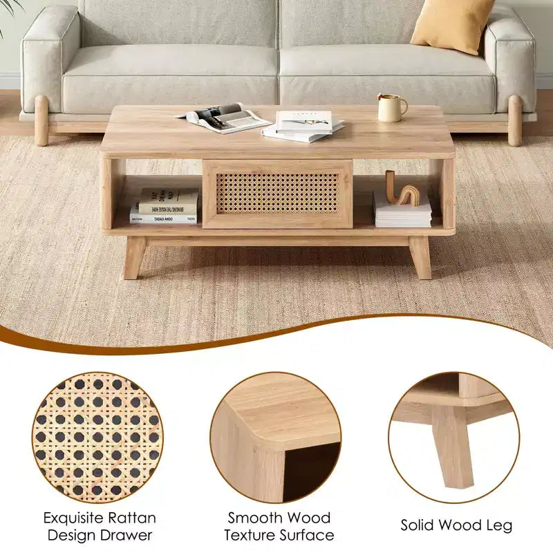 Mid Century 2-Tier Wooden Coffee Table with Storage Rattan Drawer & Open Shelf,Farmhouse Tea Table Center Table for Living Room,Bedroom