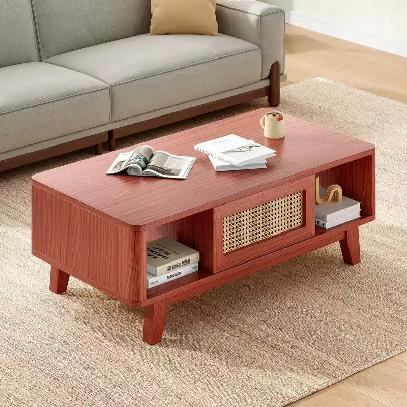 Okak Mid Century 2-Tier Wooden Coffee Table with Storage Rattan Drawer & Open Shelf,Farmhouse Tea Table Center Table for Living Room,Bedroom