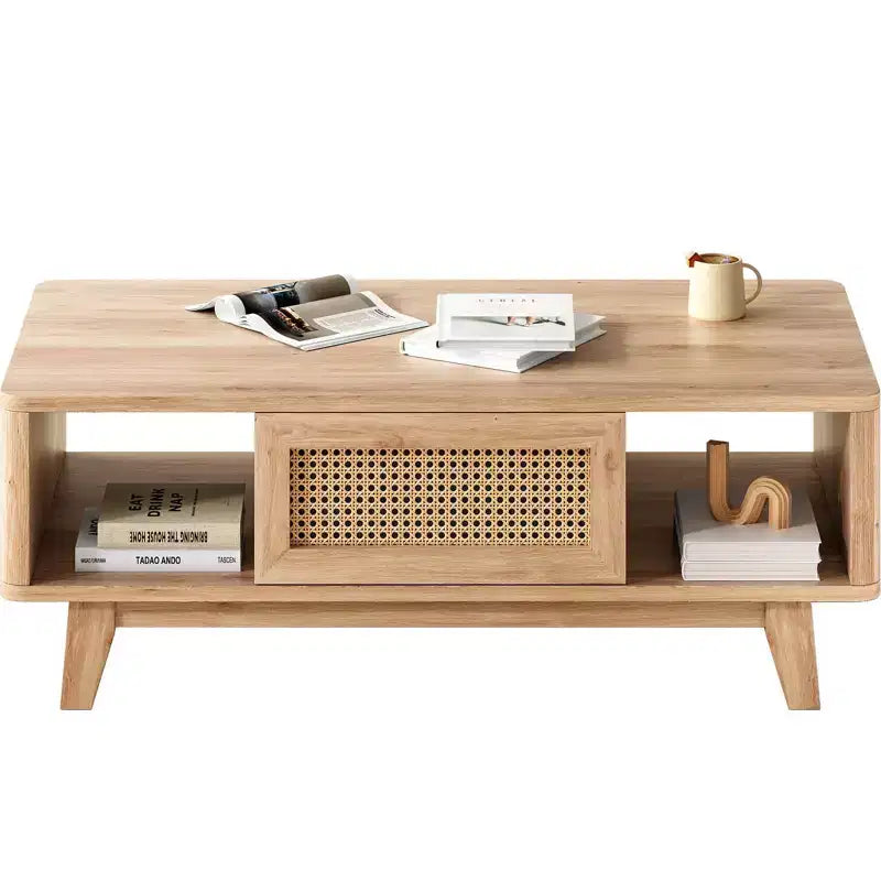 Mid Century 2-Tier Wooden Coffee Table with Storage Rattan Drawer & Open Shelf,Farmhouse Tea Table Center Table for Living Room,Bedroom