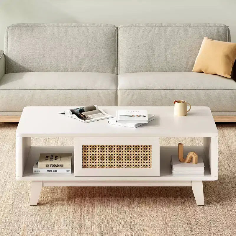 Mid Century 2-Tier Wooden Coffee Table with Storage Rattan Drawer & Open Shelf,Farmhouse Tea Table Center Table for Living Room,Bedroom