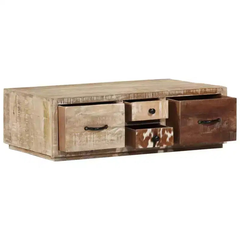 vidaXL Coffee Table with 4 Drawers- Handmade Furniture in Solid Mango Wood- Stylish Farmhouse Design for Living Room- Brown Couch Table