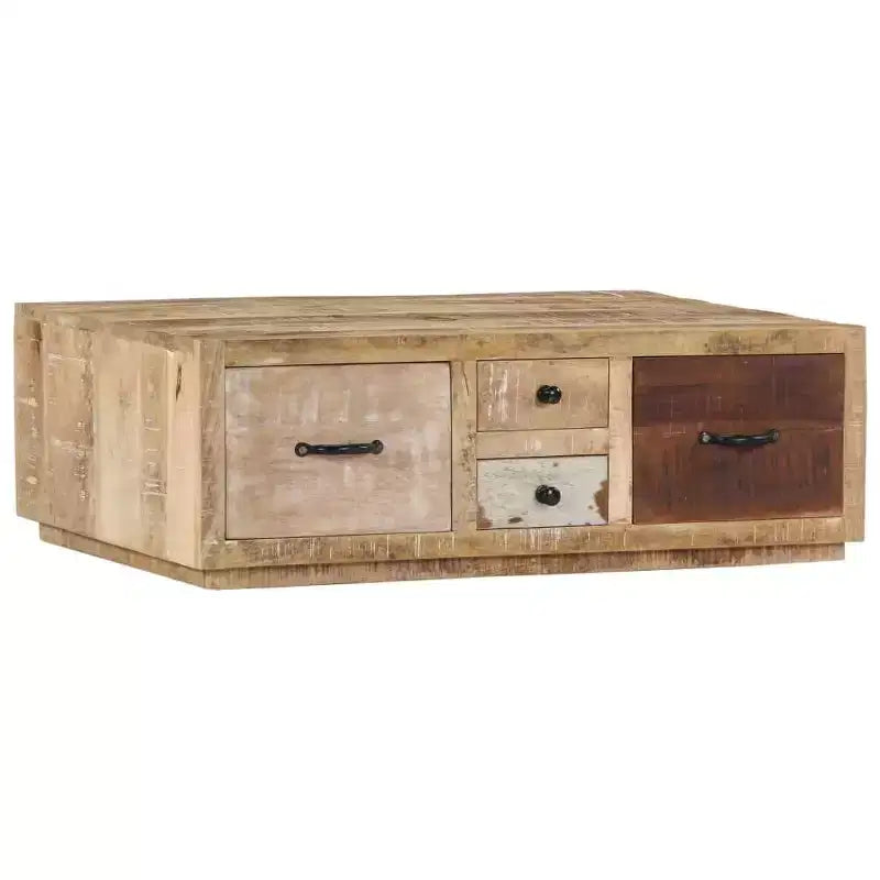 XL Coffee Table with 4 Drawers- Handmade Furniture in Solid Mango Wood- Stylish Farmhouse Design for Living Room- Brown Couch Table