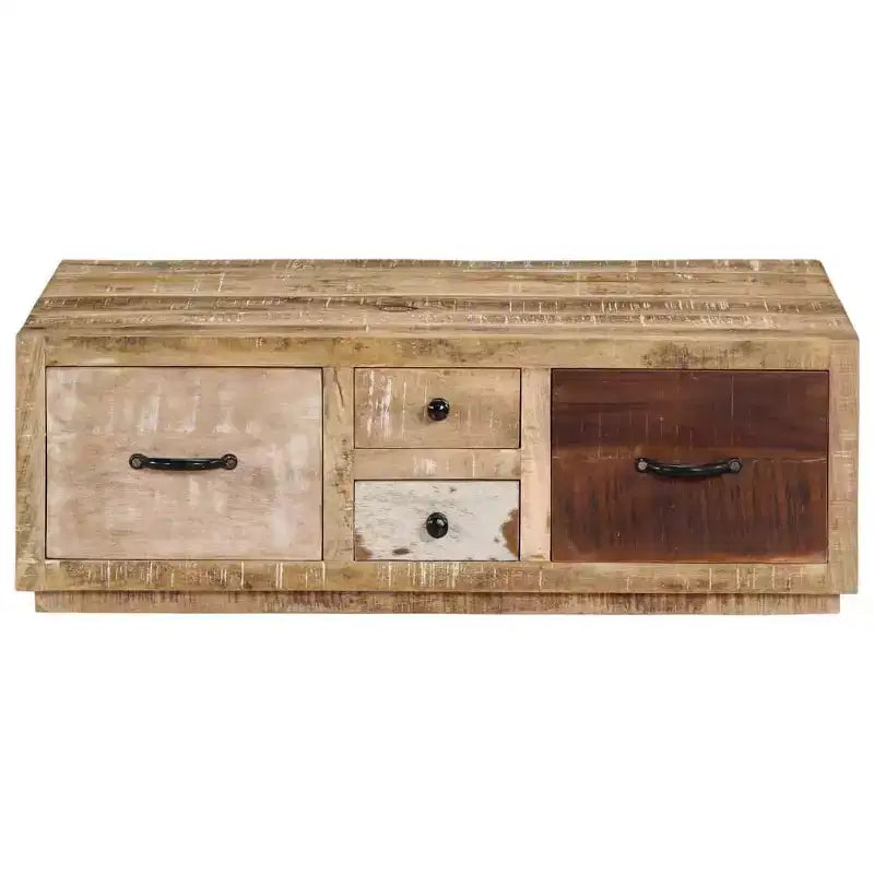 XL Coffee Table with 4 Drawers- Handmade Furniture in Solid Mango Wood- Stylish Farmhouse Design for Living Room- Brown Couch Table