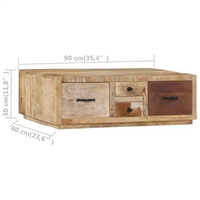 XL Coffee Table with 4 Drawers- Handmade Furniture in Solid Mango Wood- Stylish Farmhouse Design for Living Room- Brown Couch Table