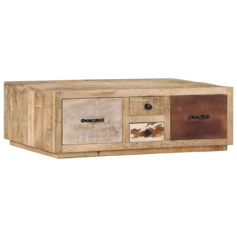 XL Coffee Table with 4 Drawers- Handmade Furniture in Solid Mango Wood- Stylish Farmhouse Design for Living Room- Brown Couch Table