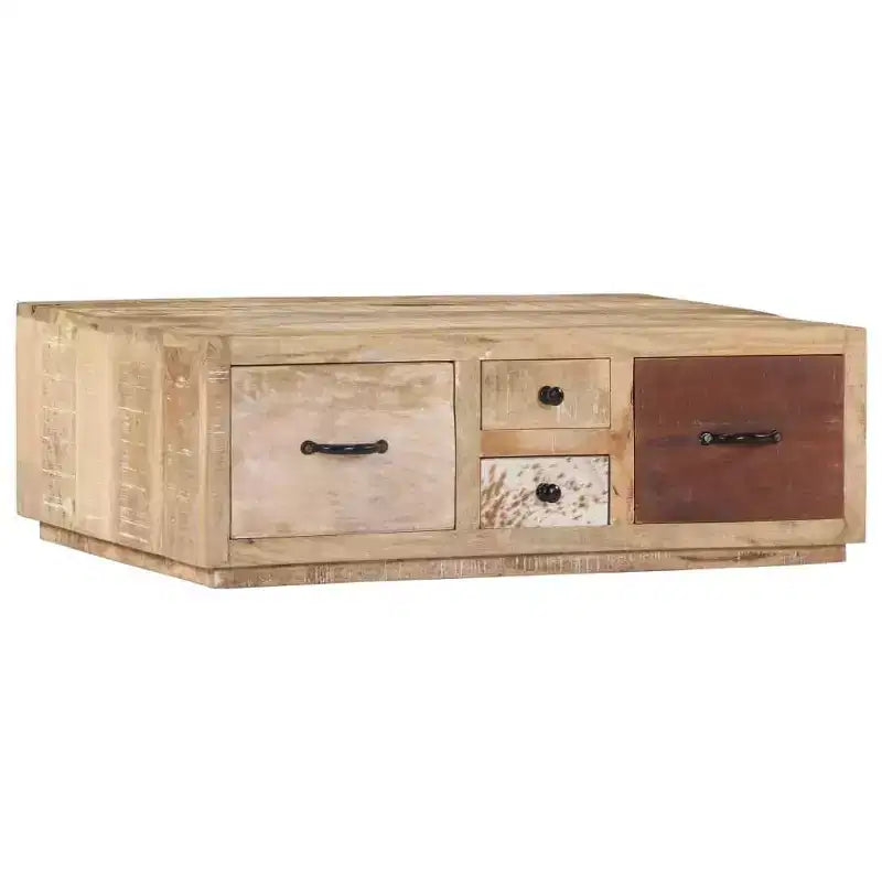 XL Coffee Table with 4 Drawers- Handmade Furniture in Solid Mango Wood- Stylish Farmhouse Design for Living Room- Brown Couch Table