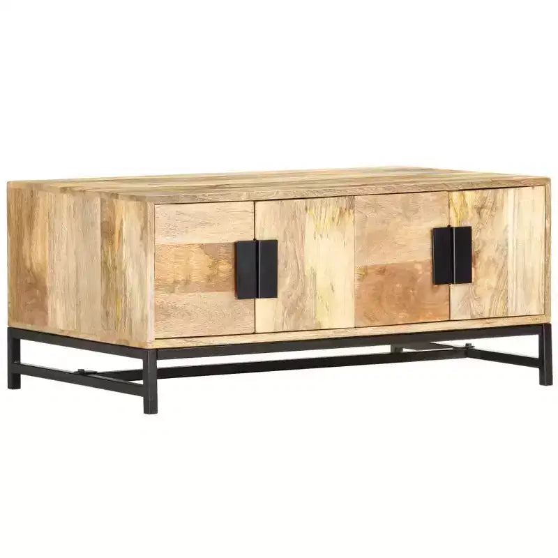XL Low Coffee Table with Storage - Crafted from Solid Mango Wood with Powder Coated Steel Legs, Rustic and Industrial Design, Brown