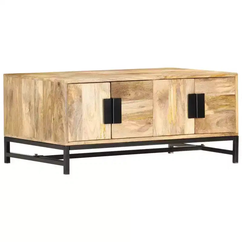 XL Low Coffee Table with Storage - Crafted from Solid Mango Wood with Powder Coated Steel Legs, Rustic and Industrial Design, Brown