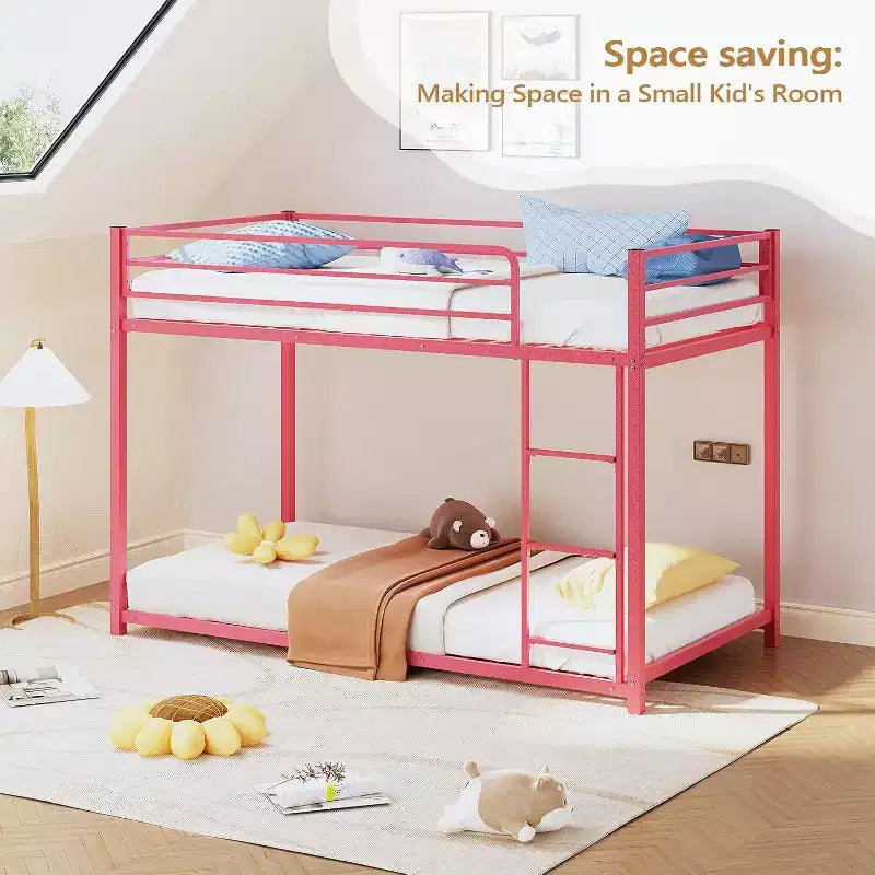 Bunk Bed Twin Over Twin, Metal Twin Size Bed Frame with Safety Guardraild for Boys Girls