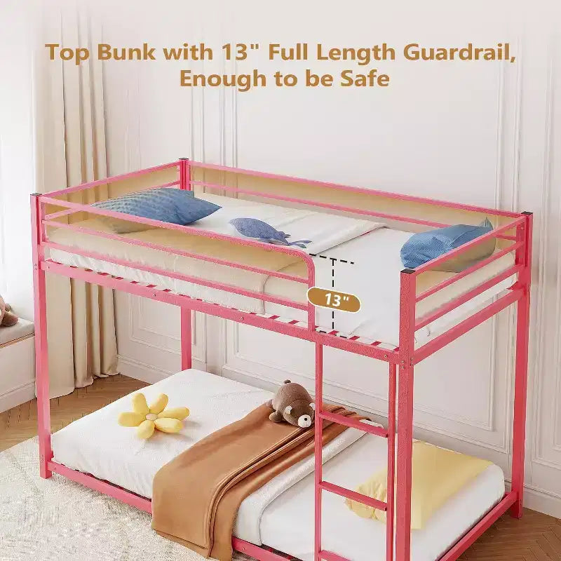 Bunk Bed Twin Over Twin, Metal Twin Size Bed Frame with Safety Guardraild for Boys Girls