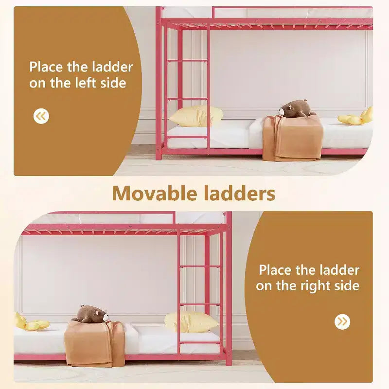 Bunk Bed Twin Over Twin, Metal Twin Size Bed Frame with Safety Guardraild for Boys Girls