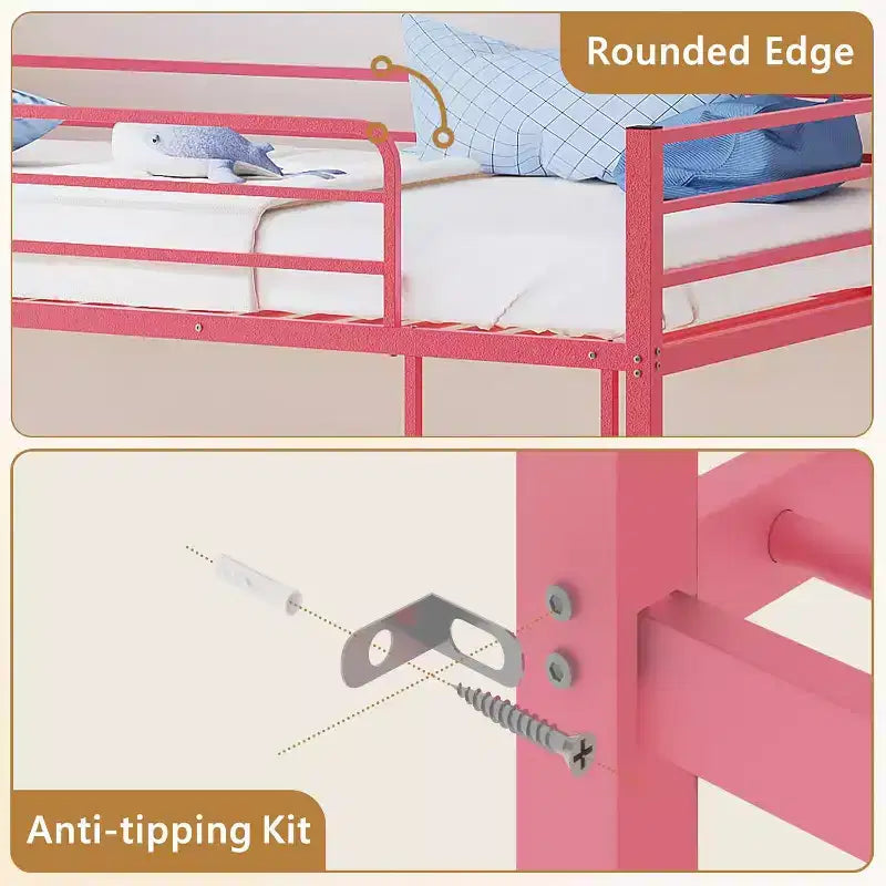 Bunk Bed Twin Over Twin, Metal Twin Size Bed Frame with Safety Guardraild for Boys Girls
